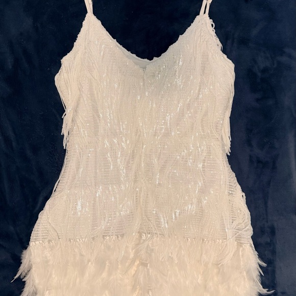 White Sequined Fringe & Feather Mini Dress - Picture 4 of 10